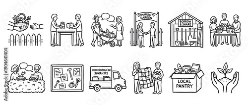Set of hand-drawn black line icons showing community sharing, local food exchange, and neighborhood support activities in a simple doodle style illustration collection