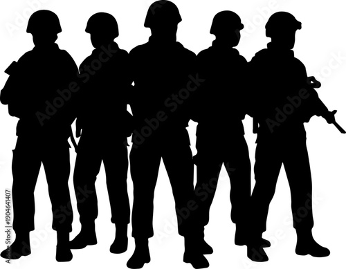 Military Squad Silhouette Group of Five Army Soldiers in Helmets and Uniforms Black Vector Graphic