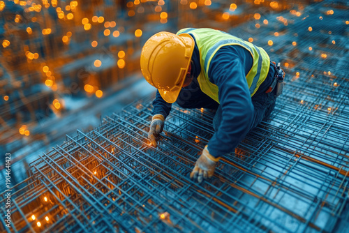 Industrial Construction Site with Worker Kneeling on Steel Framework and Crane