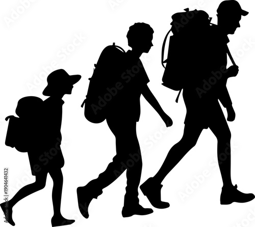 Black Silhouettes of Hikers Walking with Backpacks Family Outdoor Adventure Travel Progression Vector Graphic