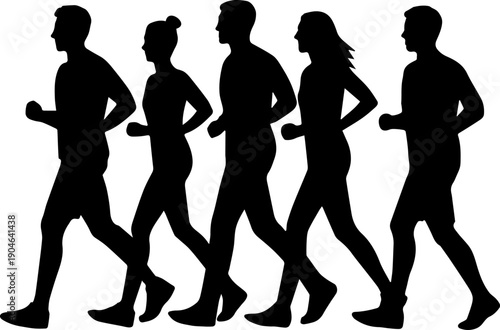 Group of five diverse male and female athletes jogging running silhouette vector illustration