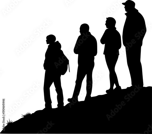 Group of four hikers standing on a hill vector silhouette illustration