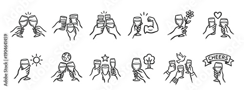 Set of hand-drawn doodle icons showing hands clinking glasses in a toast for celebration, friendship, and success, rendered in a simple black and white line art style
