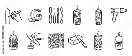 Set of black and white icons for candle carving shows the handmade process with tools like a knife, heat gun, and chisels, resulting in beautifully decorated wax creations