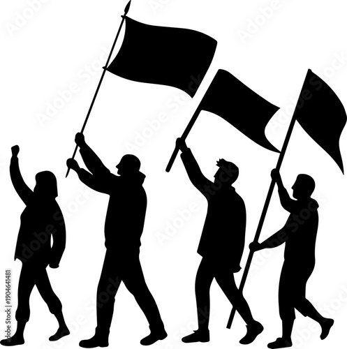 Black Silhouette of Protesters Marching with Flags and Raised Fist Vector Graphic
