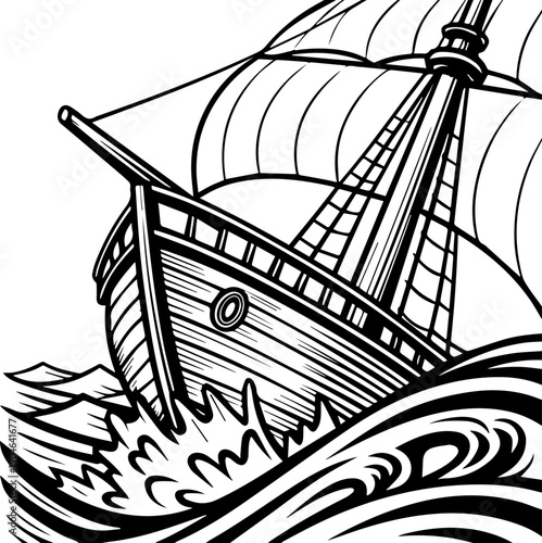 Classic sailing tall ship on rough sea waves vector nautical illustration black and white woodcut style
