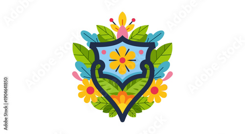 Colorful Floral Shield Emblem Design Element.