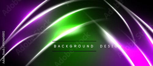 Abstract neon lines create dynamic curves, gradients. Dark backdrop emphasizes vibrant purple, green hues. Modern design element.