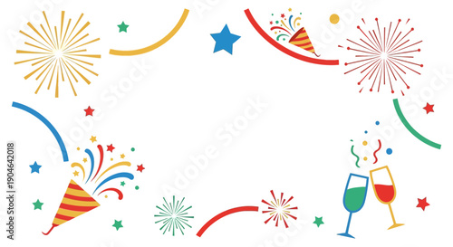 Celebration Frame with Fireworks, Party Poppers and Champagne Glasses