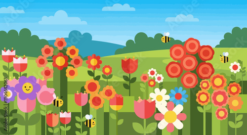 Colorful Flowers and Bees in Field.