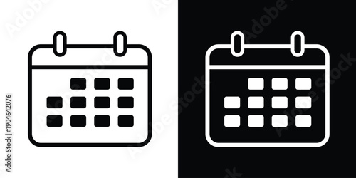 Calendar vector icon in black and white styles. Organizer symbol for scheduling, appointment planning, date reminders, and time management for web and app design.