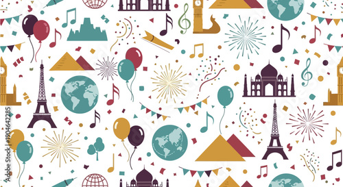 Global Travel Celebration Pattern - Landmarks, Balloons, Music Notes