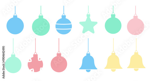 Pastel Christmas Ornaments Flat Icons Set