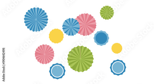 Colorful party rosette decorations on white background