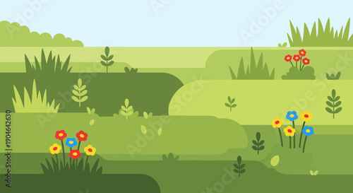 Colorful Flowers in Green Landscape Illustration.