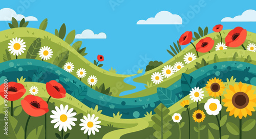 Colorful Flowers in Rolling Hills Landscape.