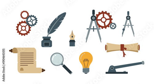 Retro Invention Tools and Ideas: Gears, Quill, Lightbulb, Scroll