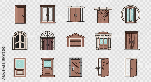 A collection of various cartoon-style door icons, showcasing different architectural designs and types of entrances for buildings.