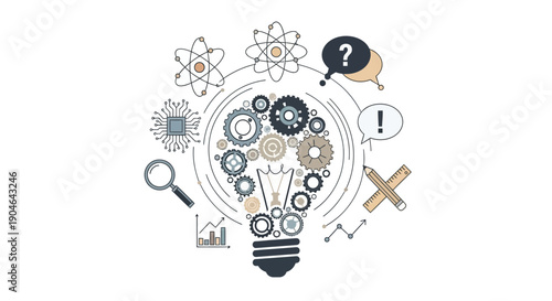 Lightbulb with gears and scientific icons, innovation concept