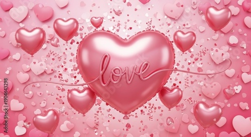 Large pink heart balloon with love text surrounded by smaller hearts