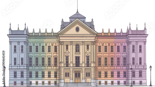 Hand drawn vector illustration of a grand neoclassical palace building with colorful pastel facade layers