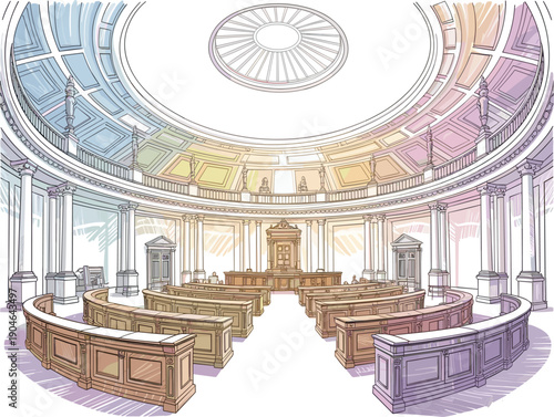 Hand drawn vector illustration of a grand neoclassical assembly hall with circular seating and dome