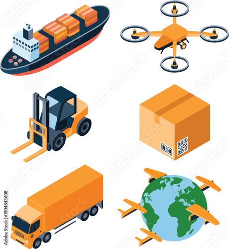 global logistics and delivery icons with ship truck drone and warehouse symbols