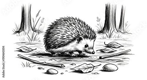 Hedgehog in a Forest Scene with Fallen Leaves and Sticks.