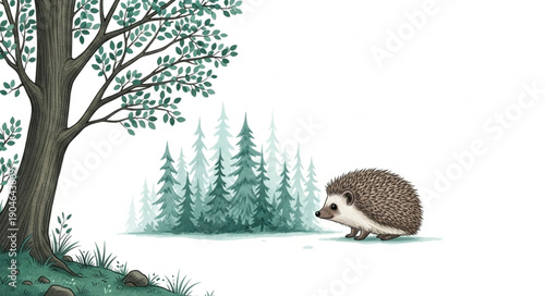 Hedgehog in a Forest Clearing Next to a Tree.