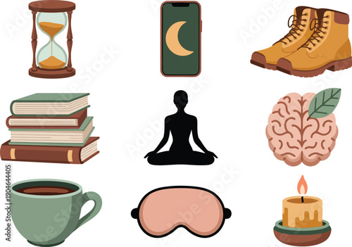 daily routine and mindfulness icons with books coffee meditation sleep and time management symbols