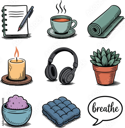 cozy lifestyle and comfort icons with tea candle notebook music and relaxation objects