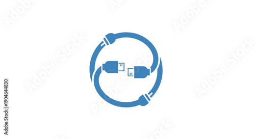 Circular Blue Charging Cable Connection Icon with USB Plugs on Isolated White Background