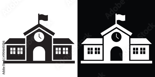 School building vector icon with clock and flag. Education symbol for campus, academy, university, and learning institutions for web and app design.