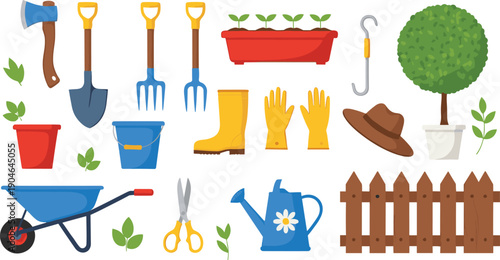 Gardening tools and equipment illustration set featuring shovel, fork, watering can, gloves, boots, pots, and outdoor garden elements in flat vector style