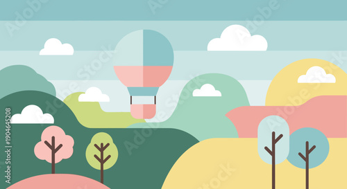 Hot Air Balloon Flying Over Landscape.