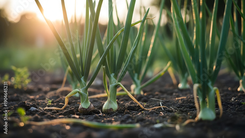 Green onion shoots growing in soil at sunset