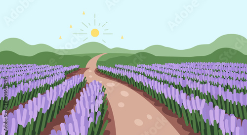 Lavender Field with Pathway and Mountains.