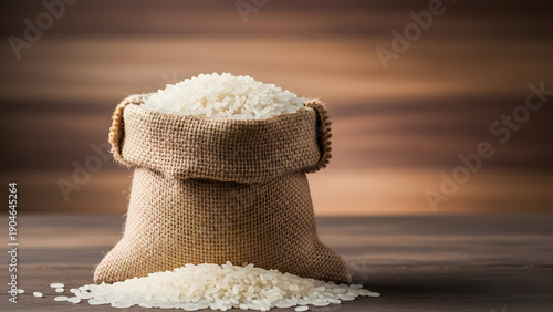 A burlap sack overflowing with white rice on a wooden surface