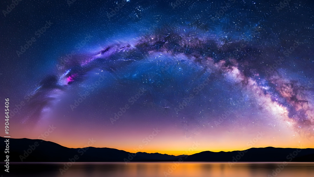 Fototapeta premium The milky way galaxy arching over a serene lake at sunset
