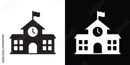 School building vector icon with clock and flag. Education symbol for campus, academy, university, and learning institutions for web and app design.