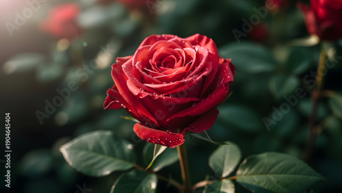 A vibrant red rose in full bloom amidst lush greenery