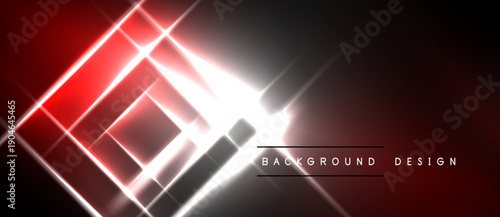 Abstract red neon lines form squares, radiating light. Dark background enhances glowing effect, modern design element.