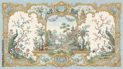 Chinoiserie tapestry wallpaper with rococo gold frame and oriental landscape scenery featuring peacocks cranes and floral motifs