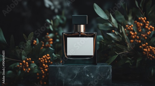 Dark, elegant perfume bottle displayed on a pedestal.