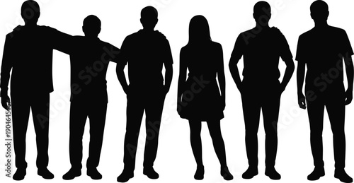 Vector illustration of human silhouette icons—symbols for casual standing posture, friendship gesture, social connection, group diversity, body language, and artistic representation