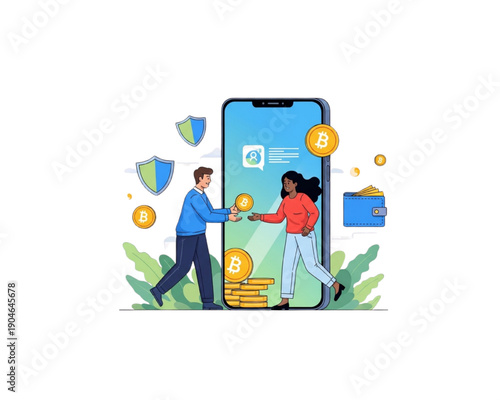 Secure mobile cryptocurrency transfer. Man and woman trading Bitcoin via smartphone app with safety shields. Flat vector concept of P2P digital payment, blockchain wallet and fintech money exchange.