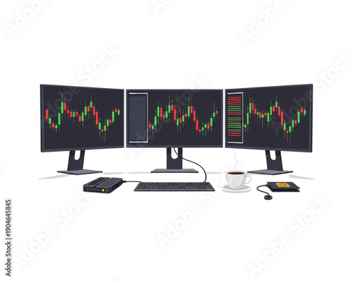 Flat Vector Stock Trading Setup: Multi-Monitor Workstation with Candlestick Charts, Coffee & Keyboard - Professional Financial Trader Desk Illustration