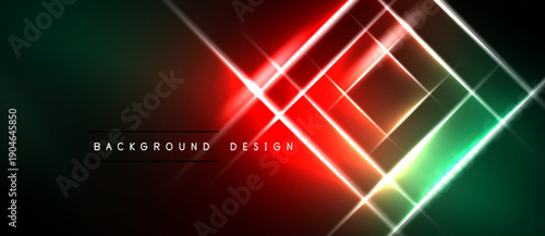 Abstract neon lines create dynamic geometric pattern. Red, green gradients blend into dark background. Modern design element.