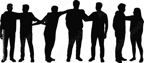 Vector illustration of human silhouette icons—symbols for social interaction, teamwork communication, gossip chain, workplace dynamics, group influence, and collaborative connection