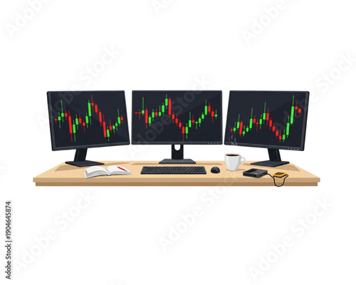 Trader workspace with triple monitor setup showing stock market candlestick charts. Day trading desk, forex analysis, and financial investment concept. Flat vector illustration.